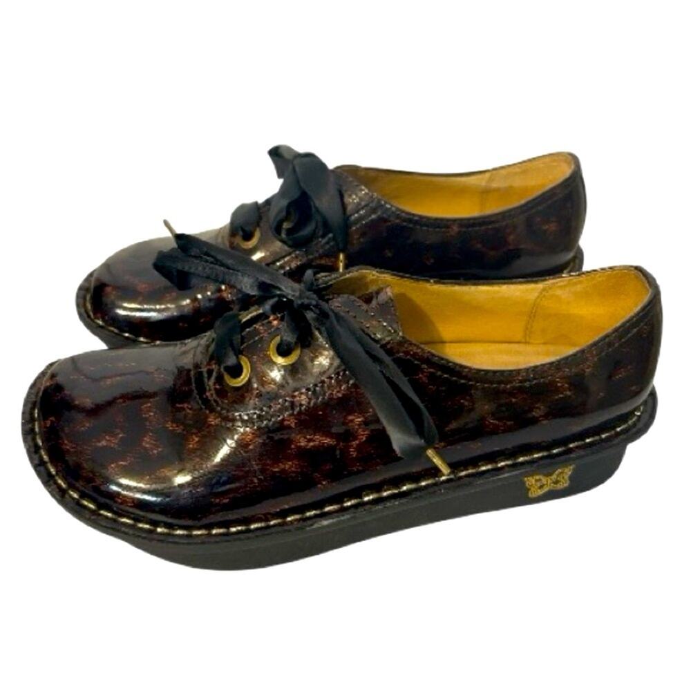 Alegria Abby Patent Leather tortoise Oxford ribbon lace up shoes. Size 37/7